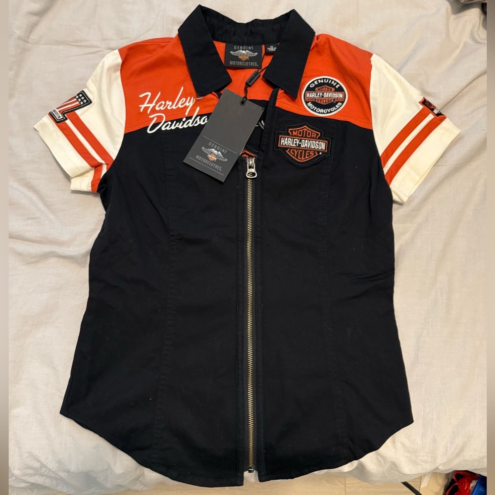 Harley Davidson Black and Orange Zip-Up Shirt